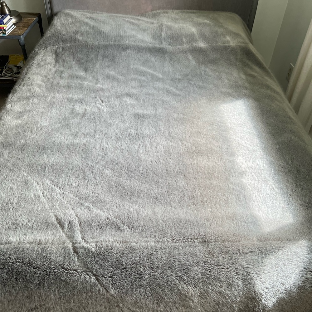 Gray Faux Fur Blanket by Restoration Hardware. Appropriate dimensions 96” x 80”.